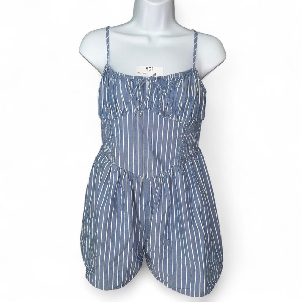 American Eagle Outfitters Blue and White Striped Romper with pockets